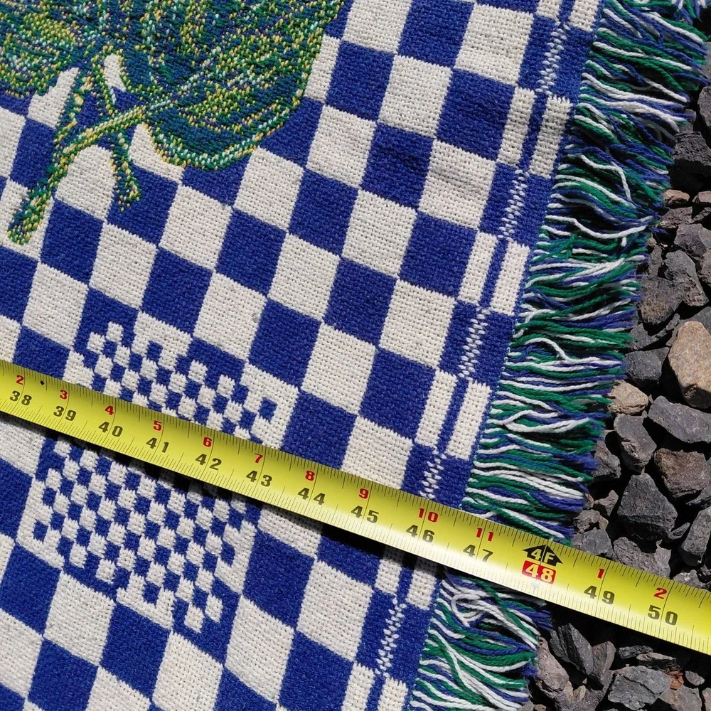 Vtg Sunflower Flowers Tapestry Blanket Throw Fringe Blue Check Country Cottage